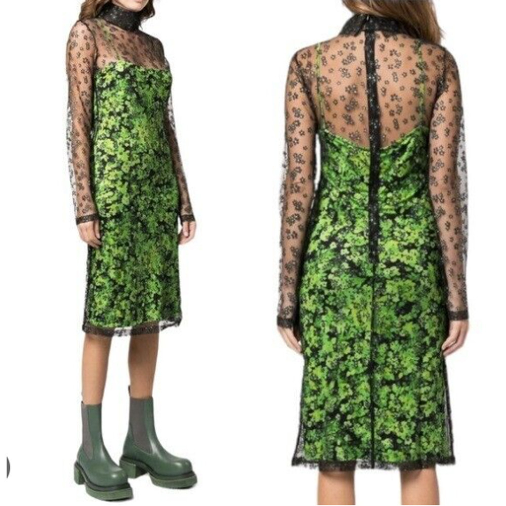 NWT Stine Goya Ibi Floral Mesh Overlay Midi Dress Size XS Green Black #2G456